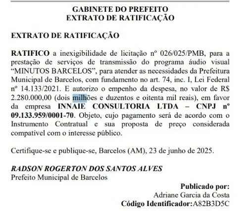 Prefeitura de Barcelos autoriza gasto de R$ 2,2 milhões com programa de mídia institucional às vésperas de 2026
