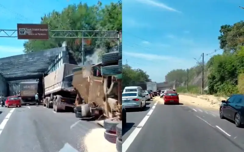 Carreta bitrem tomba com carga de soja na Avenida das Flores