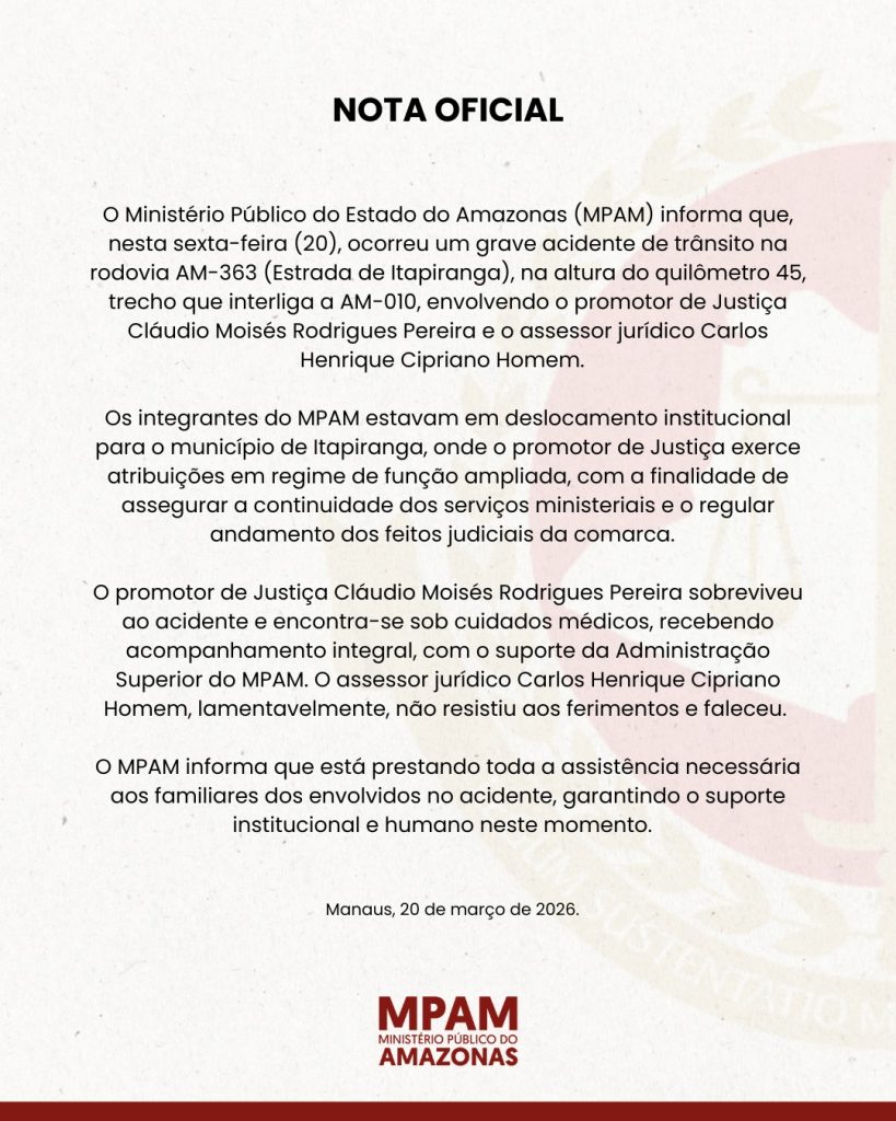 Assessor do MPAM morre e promotor de justiça fica ferido em grave acidente em Itapiranga