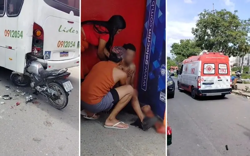 Motoqueiro empina moto, atinge ônibus e fica gravemente ferido no Conjunto Viver Melhor