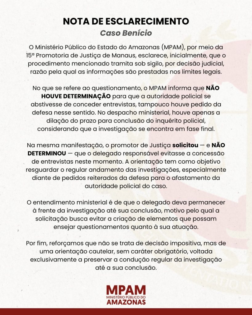 MPAM orienta que delegado evite conceder entrevistas sobre caso Benício