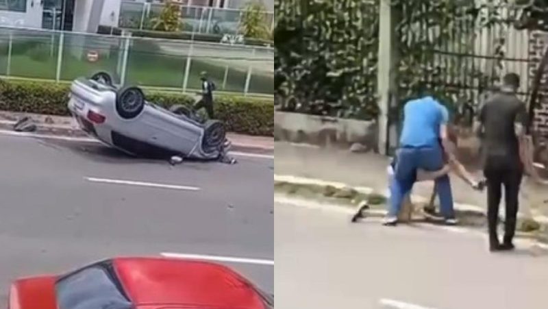 Motoristas saem na porrada após um fechar o outro e causar capotamento no Parque 10