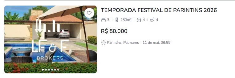 Aluguel de casas para o Festival de Parintins 2026 custa até R$ 50 mil
