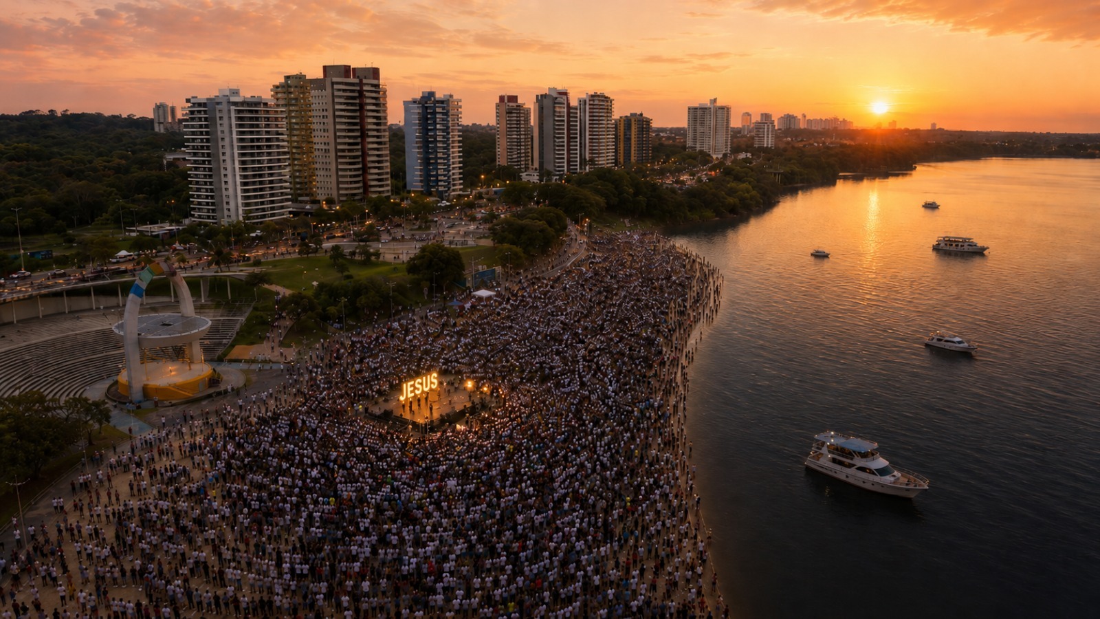 Fiéis reunidos na Praia da Ponta Negra durante evento cristão ao amanhecer em Manaus