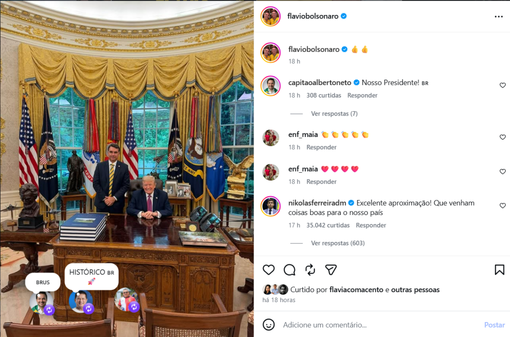 Flávio Bolsonaro encontra Trump na Casa Branca e ironiza Lula: 'não vim fazer lobby'