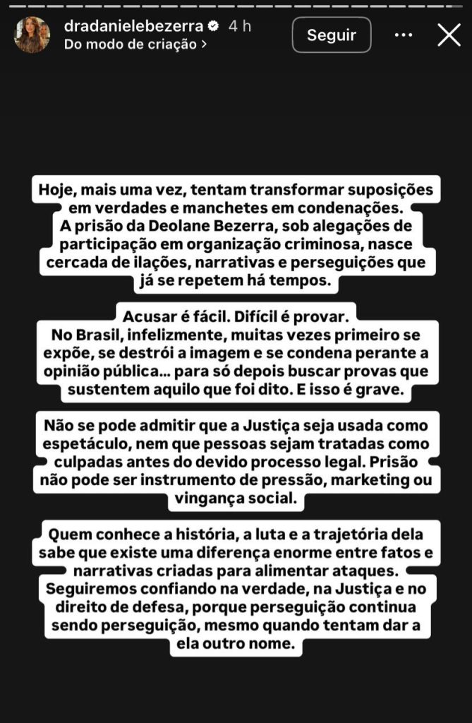 Irmã de Deolane critica julgamento público após prisão da influenciadora e dispara: “Acusar é fácil, difícil é provar”