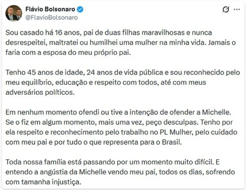 Flávio pede desculpas à Michelle e diz que jamais atacou mulheres