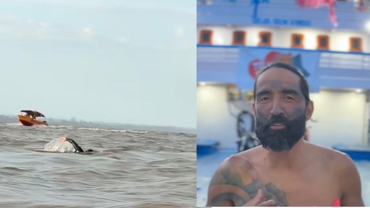 “Homem-peixe” chega a Parintins após 250 dias nadando pelo Rio Amazonas em expedição ambiental