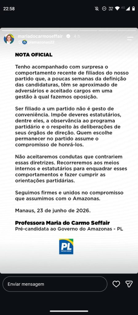 Maria do Carmo afirma que membros do PL no Amazonas aceitam cargos para atacá-la