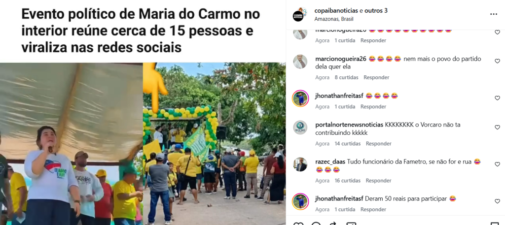 Maria do Carmo faz mais um discurso esvaziado no interior e volta a virar assunto nas redes sociais