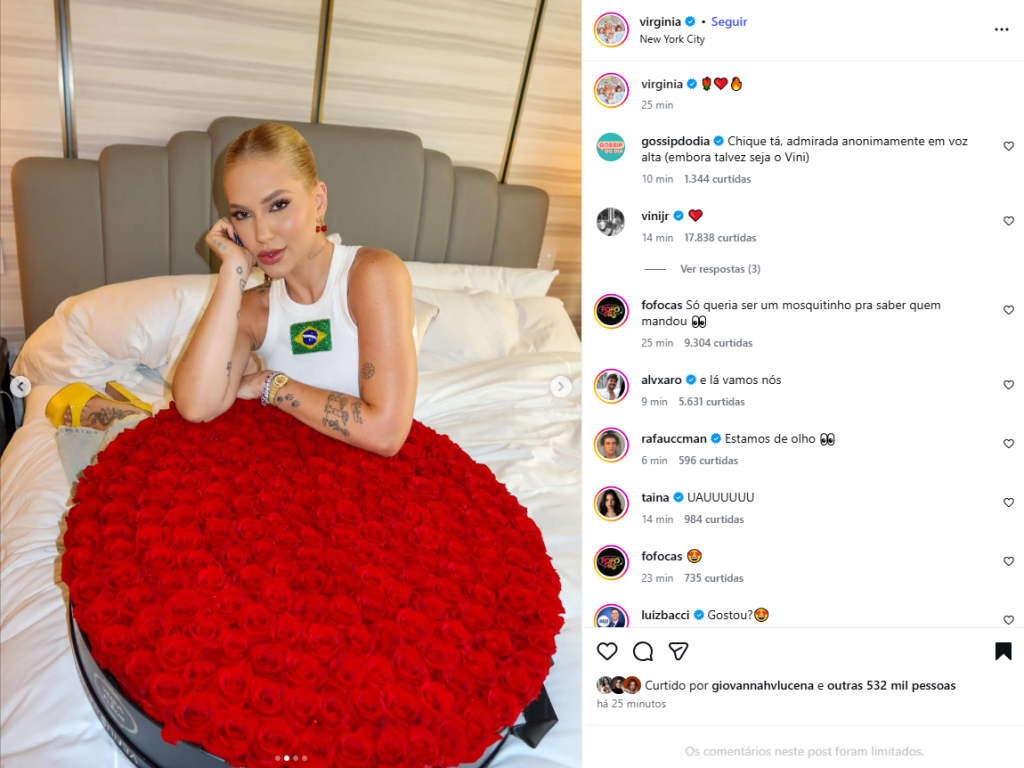 Virginia Fonseca recebe flores e Vini Jr. comenta postagem no Dia dos Namorados