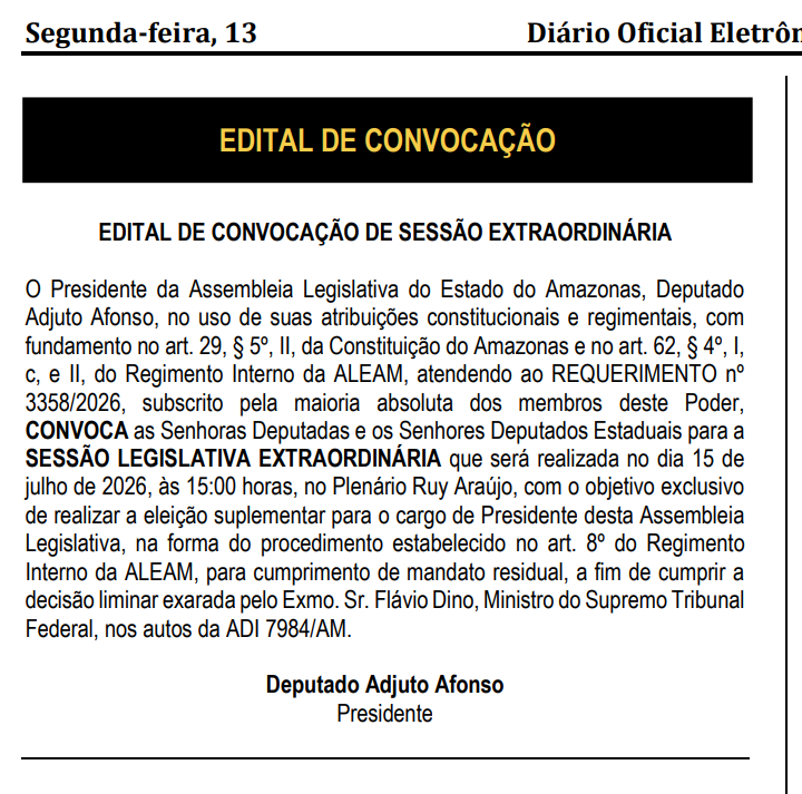 Após decisão do STF, Aleam convoca eleição para definir novo presidente