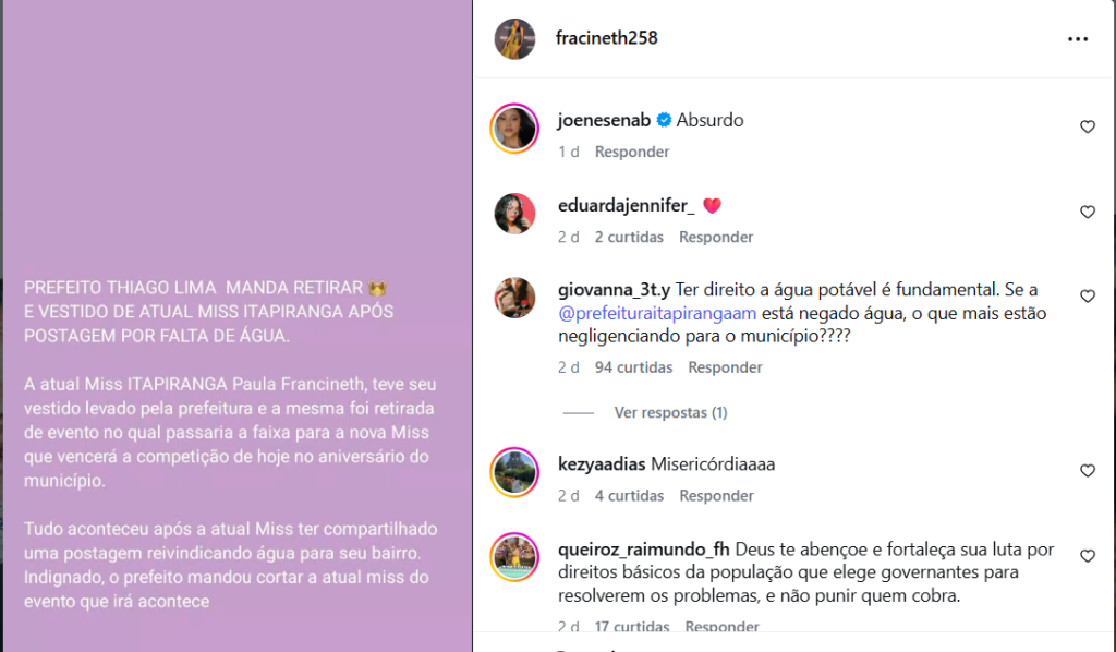 Miss Itapiranga acusa prefeito da cidade de comportamento misógino; ele nega