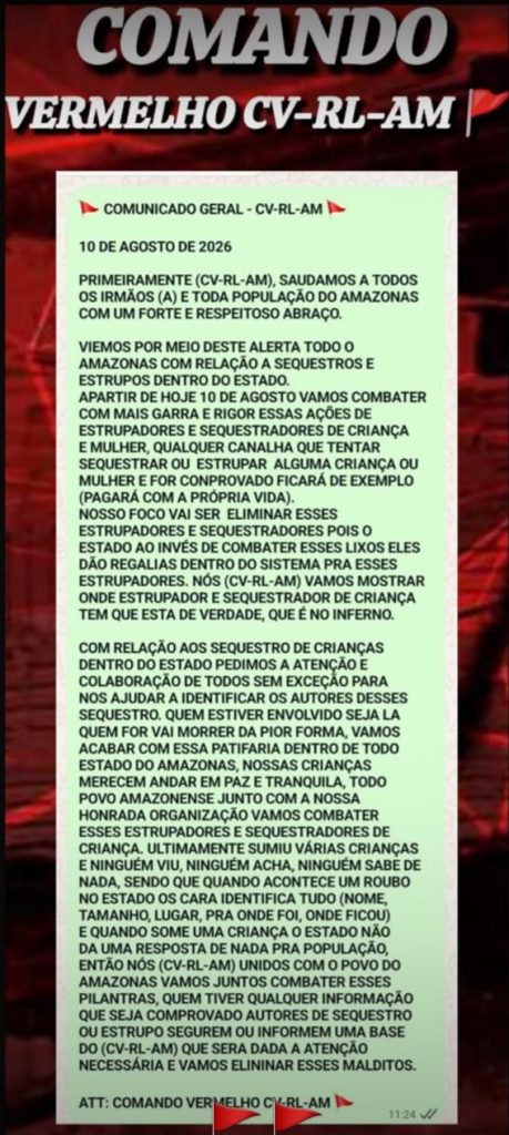 ‘Salve’ do CV ameaça estupradores e sequestradores após sequestro de bebê em Manaus