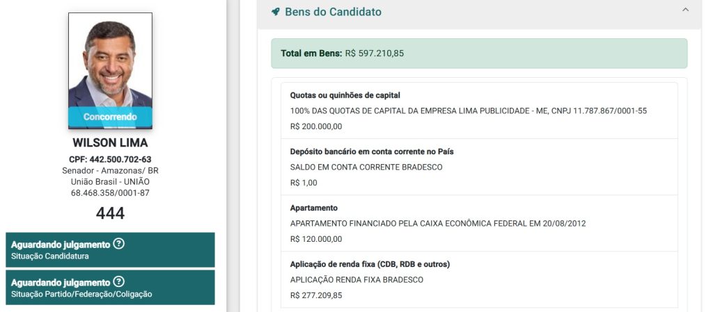 Wilson Lima declara ao TSE que tem apenas R$ 1 na conta
