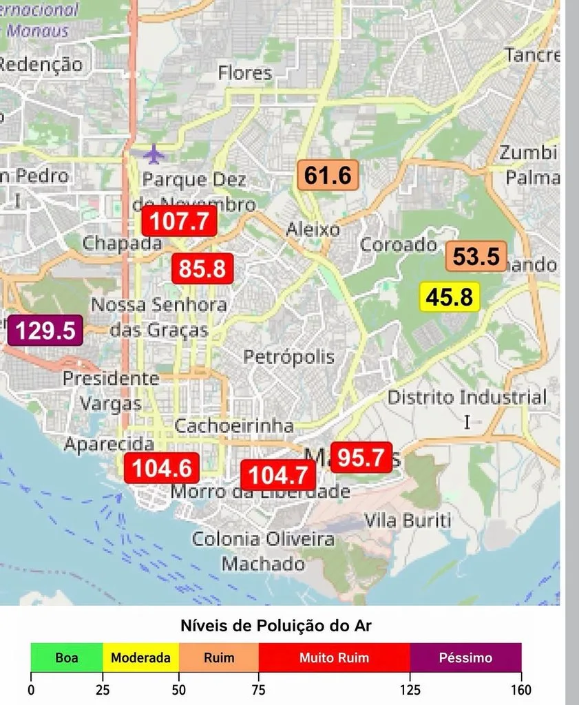Qualidade do ar em Manaus chega a nível péssimo após fumaça de queimadas encobrir a cidade