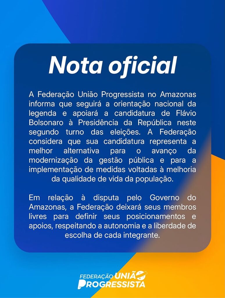 Federação União Progressista decide apoiar Flávio Bolsonaro e se manter neutra entre Omar e Maria do Carmo no AM