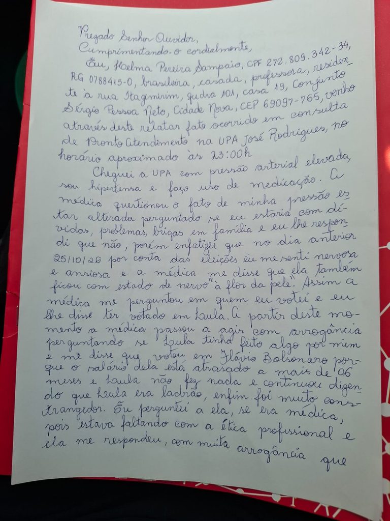 Intolerância política: educadores repudiam médica por não atender colega que votou em Lula no AM