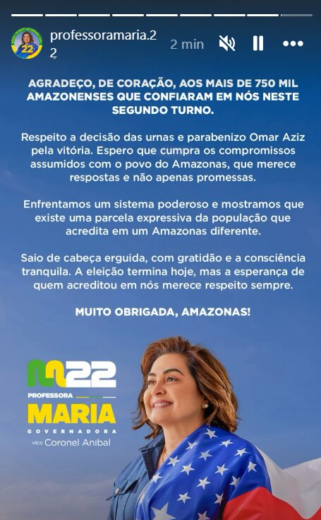 Maria do Carmo reconhece derrota, parabeniza Omar Aziz e diz que enfrentou "sistema poderoso"