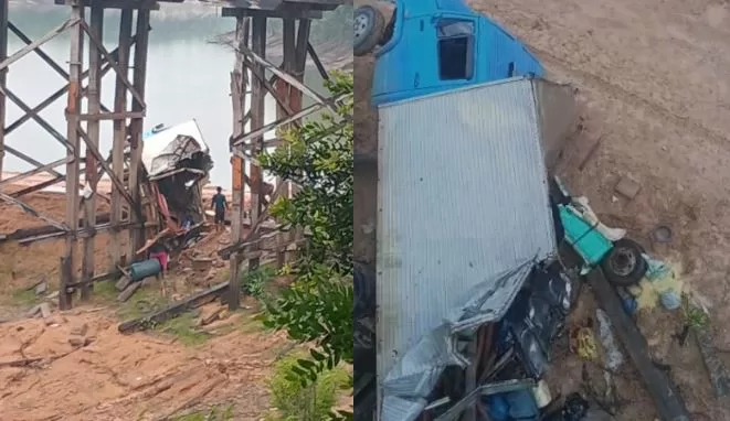 VÍDEO: Caminhão-baú cai de ponte de 20 metros em estrada entre Novo Aripuanã e Apuí